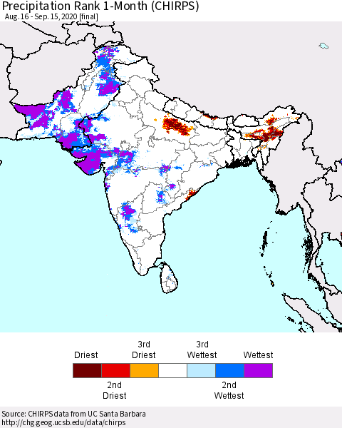 Southern Asia Precipitation Rank 1-Month (CHIRPS) Thematic Map For 8/16/2020 - 9/15/2020