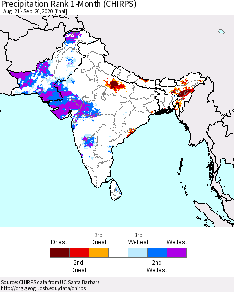 Southern Asia Precipitation Rank 1-Month (CHIRPS) Thematic Map For 8/21/2020 - 9/20/2020