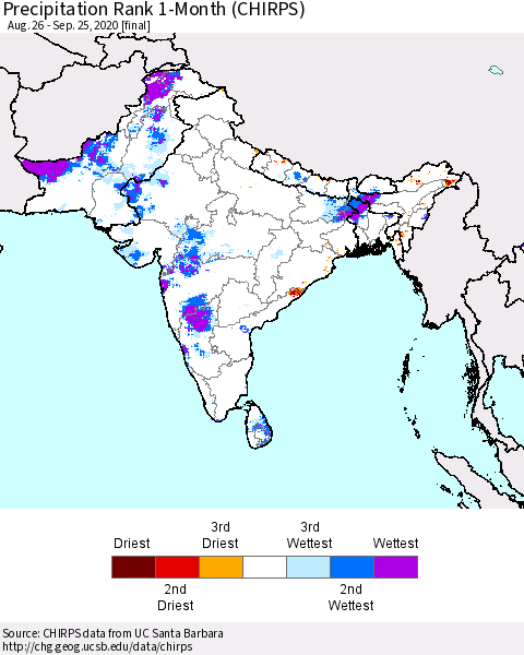 Southern Asia Precipitation Rank 1-Month (CHIRPS) Thematic Map For 8/26/2020 - 9/25/2020