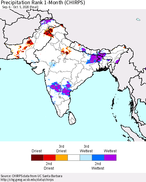 Southern Asia Precipitation Rank since 1981, 1-Month (CHIRPS) Thematic Map For 9/6/2020 - 10/5/2020