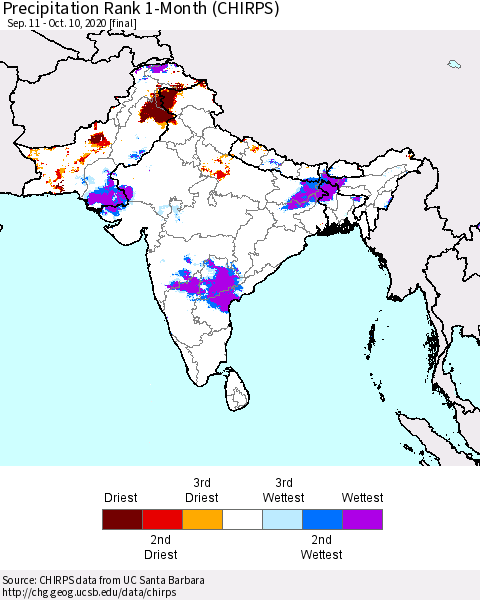 Southern Asia Precipitation Rank 1-Month (CHIRPS) Thematic Map For 9/11/2020 - 10/10/2020