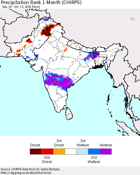 Southern Asia Precipitation Rank 1-Month (CHIRPS) Thematic Map For 9/16/2020 - 10/15/2020