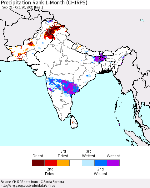 Southern Asia Precipitation Rank 1-Month (CHIRPS) Thematic Map For 9/21/2020 - 10/20/2020