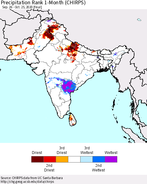 Southern Asia Precipitation Rank 1-Month (CHIRPS) Thematic Map For 9/26/2020 - 10/25/2020