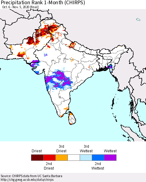 Southern Asia Precipitation Rank 1-Month (CHIRPS) Thematic Map For 10/6/2020 - 11/5/2020
