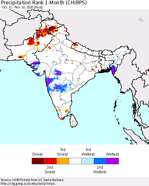Southern Asia Precipitation Rank since 1981, 1-Month (CHIRPS) Thematic Map For 10/11/2020 - 11/10/2020