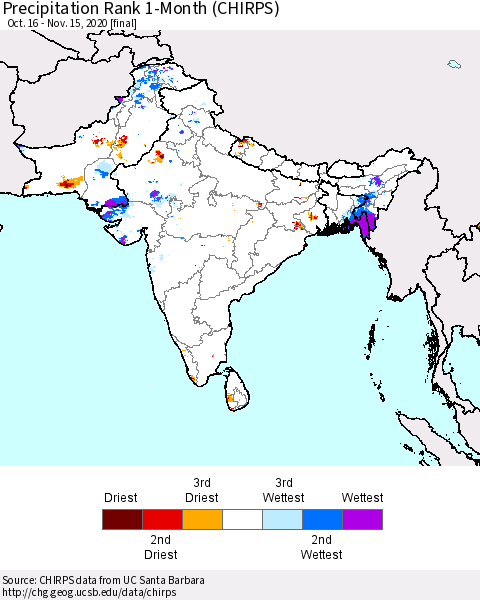 Southern Asia Precipitation Rank since 1981, 1-Month (CHIRPS) Thematic Map For 10/16/2020 - 11/15/2020