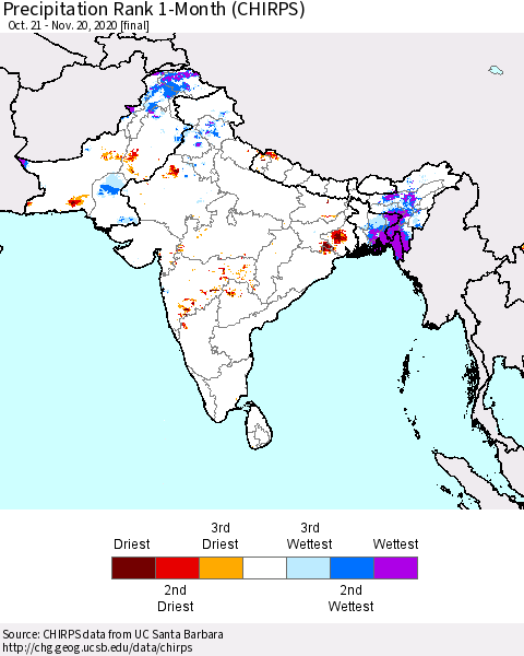 Southern Asia Precipitation Rank since 1981, 1-Month (CHIRPS) Thematic Map For 10/21/2020 - 11/20/2020