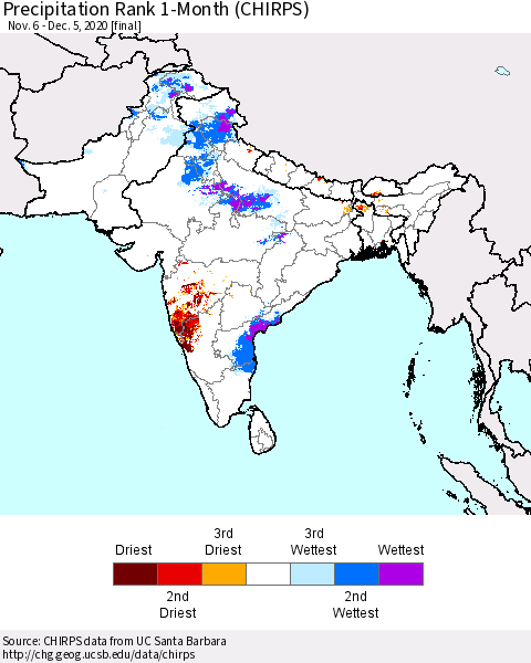 Southern Asia Precipitation Rank 1-Month (CHIRPS) Thematic Map For 11/6/2020 - 12/5/2020