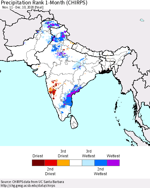 Southern Asia Precipitation Rank since 1981, 1-Month (CHIRPS) Thematic Map For 11/11/2020 - 12/10/2020