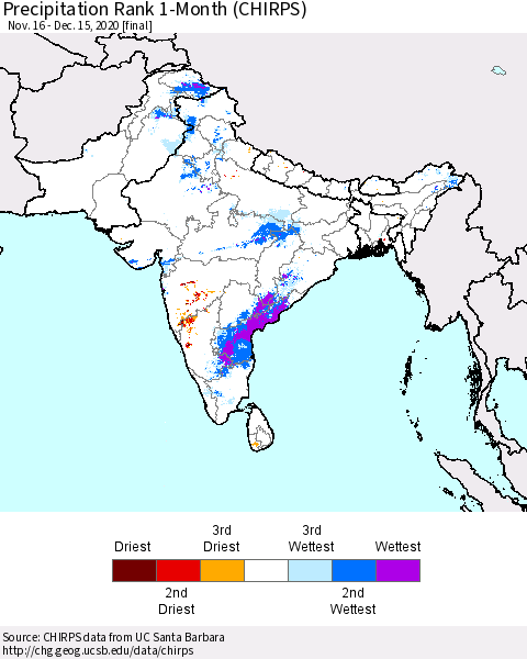 Southern Asia Precipitation Rank 1-Month (CHIRPS) Thematic Map For 11/16/2020 - 12/15/2020