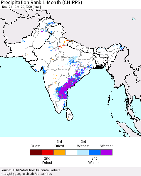 Southern Asia Precipitation Rank since 1981, 1-Month (CHIRPS) Thematic Map For 11/21/2020 - 12/20/2020