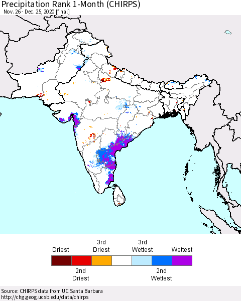Southern Asia Precipitation Rank 1-Month (CHIRPS) Thematic Map For 11/26/2020 - 12/25/2020