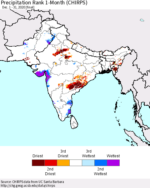 Southern Asia Precipitation Rank since 1981, 1-Month (CHIRPS) Thematic Map For 12/1/2020 - 12/31/2020
