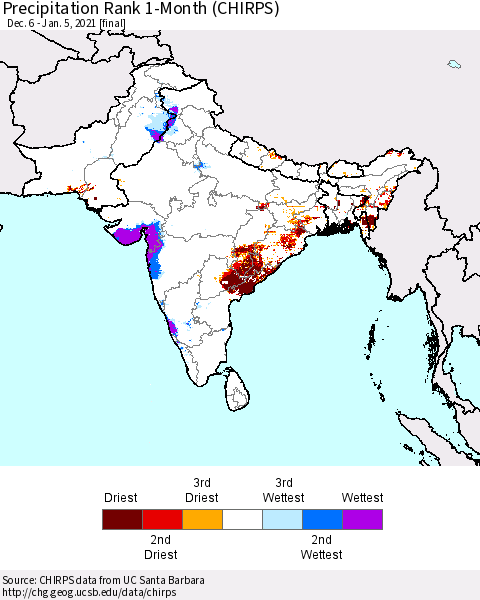 Southern Asia Precipitation Rank 1-Month (CHIRPS) Thematic Map For 12/6/2020 - 1/5/2021