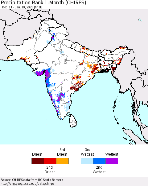 Southern Asia Precipitation Rank since 1981, 1-Month (CHIRPS) Thematic Map For 12/11/2020 - 1/10/2021