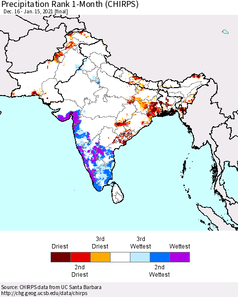 Southern Asia Precipitation Rank 1-Month (CHIRPS) Thematic Map For 12/16/2020 - 1/15/2021