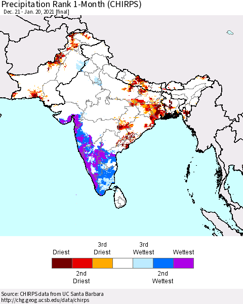 Southern Asia Precipitation Rank since 1981, 1-Month (CHIRPS) Thematic Map For 12/21/2020 - 1/20/2021