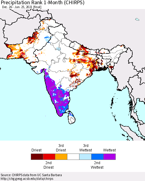 Southern Asia Precipitation Rank 1-Month (CHIRPS) Thematic Map For 12/26/2020 - 1/25/2021