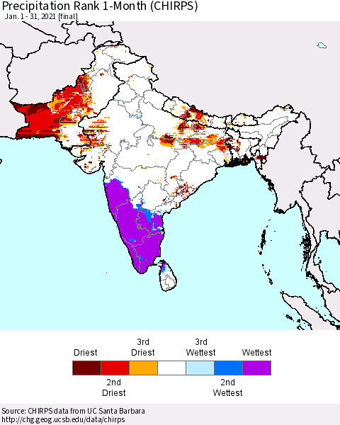 Southern Asia Precipitation Rank 1-Month (CHIRPS) Thematic Map For 1/1/2021 - 1/31/2021