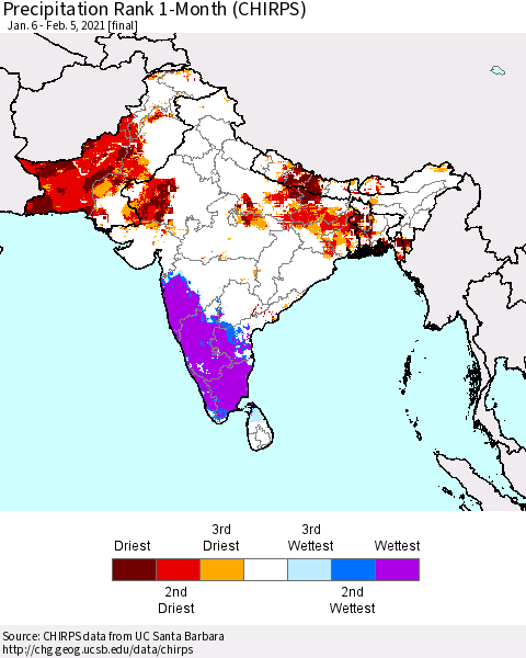 Southern Asia Precipitation Rank 1-Month (CHIRPS) Thematic Map For 1/6/2021 - 2/5/2021