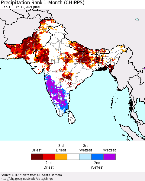 Southern Asia Precipitation Rank 1-Month (CHIRPS) Thematic Map For 1/11/2021 - 2/10/2021