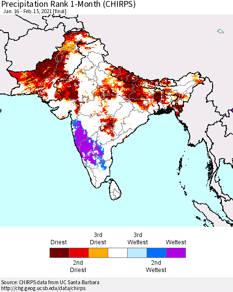 Southern Asia Precipitation Rank 1-Month (CHIRPS) Thematic Map For 1/16/2021 - 2/15/2021