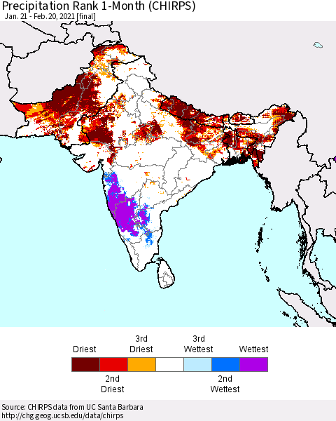 Southern Asia Precipitation Rank 1-Month (CHIRPS) Thematic Map For 1/21/2021 - 2/20/2021