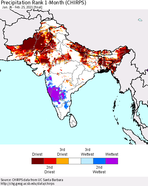 Southern Asia Precipitation Rank 1-Month (CHIRPS) Thematic Map For 1/26/2021 - 2/25/2021