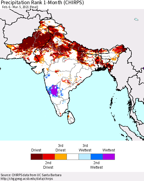 Southern Asia Precipitation Rank since 1981, 1-Month (CHIRPS) Thematic Map For 2/6/2021 - 3/5/2021