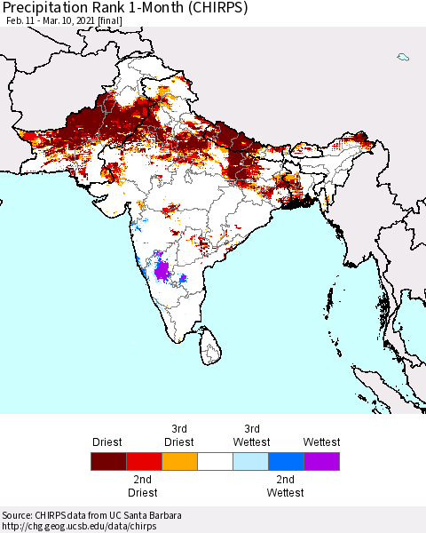 Southern Asia Precipitation Rank 1-Month (CHIRPS) Thematic Map For 2/11/2021 - 3/10/2021