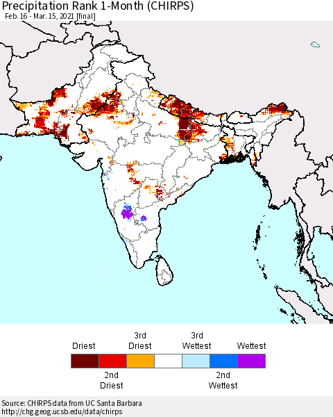 Southern Asia Precipitation Rank 1-Month (CHIRPS) Thematic Map For 2/16/2021 - 3/15/2021