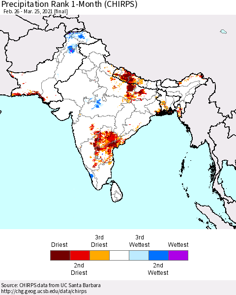 Southern Asia Precipitation Rank since 1981, 1-Month (CHIRPS) Thematic Map For 2/26/2021 - 3/25/2021