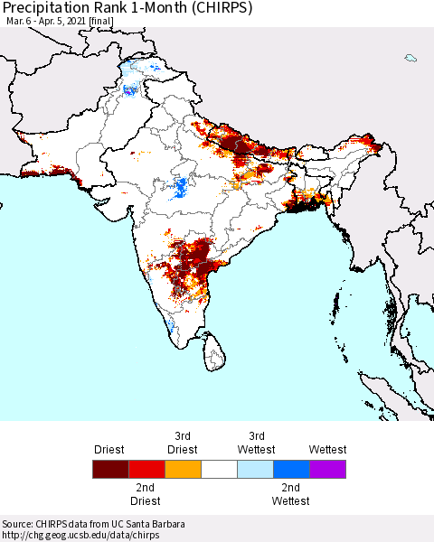 Southern Asia Precipitation Rank 1-Month (CHIRPS) Thematic Map For 3/6/2021 - 4/5/2021