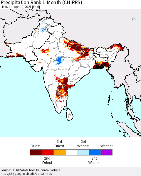 Southern Asia Precipitation Rank since 1981, 1-Month (CHIRPS) Thematic Map For 3/11/2021 - 4/10/2021