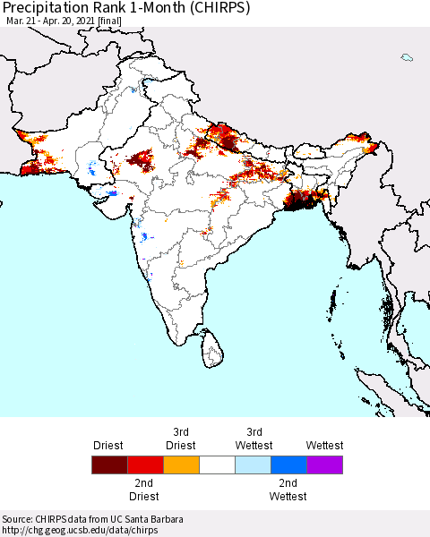 Southern Asia Precipitation Rank 1-Month (CHIRPS) Thematic Map For 3/21/2021 - 4/20/2021