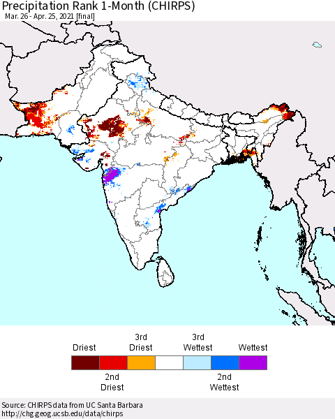 Southern Asia Precipitation Rank 1-Month (CHIRPS) Thematic Map For 3/26/2021 - 4/25/2021