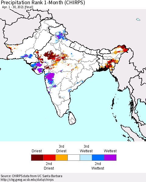 Southern Asia Precipitation Rank 1-Month (CHIRPS) Thematic Map For 4/1/2021 - 4/30/2021