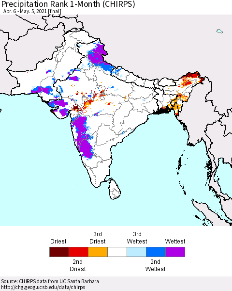 Southern Asia Precipitation Rank 1-Month (CHIRPS) Thematic Map For 4/6/2021 - 5/5/2021