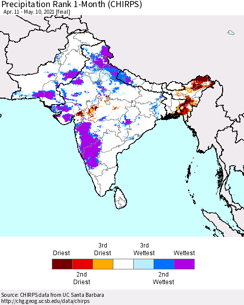 Southern Asia Precipitation Rank 1-Month (CHIRPS) Thematic Map For 4/11/2021 - 5/10/2021