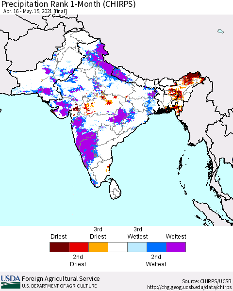 Southern Asia Precipitation Rank 1-Month (CHIRPS) Thematic Map For 4/16/2021 - 5/15/2021
