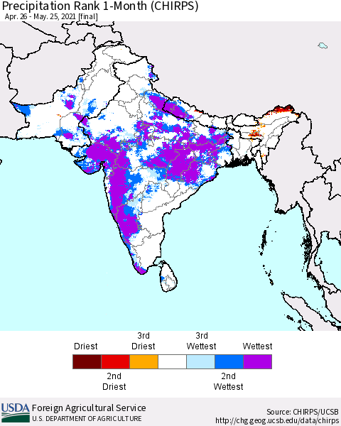 Southern Asia Precipitation Rank 1-Month (CHIRPS) Thematic Map For 4/26/2021 - 5/25/2021