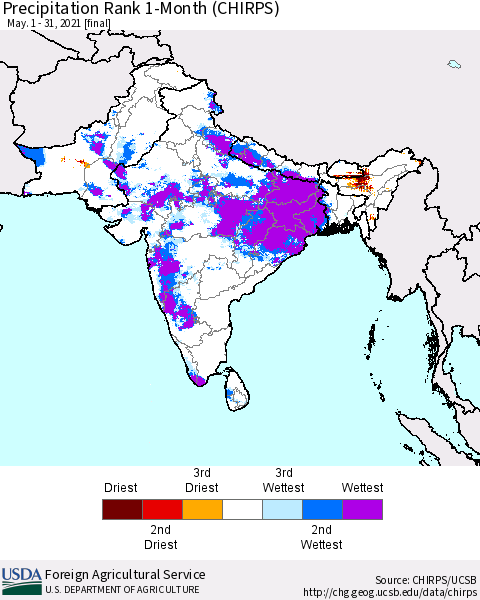 Southern Asia Precipitation Rank 1-Month (CHIRPS) Thematic Map For 5/1/2021 - 5/31/2021