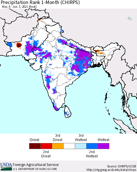 Southern Asia Precipitation Rank 1-Month (CHIRPS) Thematic Map For 5/6/2021 - 6/5/2021