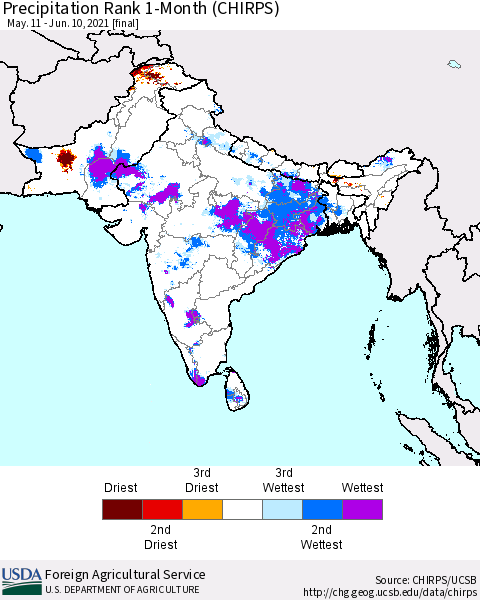 Southern Asia Precipitation Rank 1-Month (CHIRPS) Thematic Map For 5/11/2021 - 6/10/2021