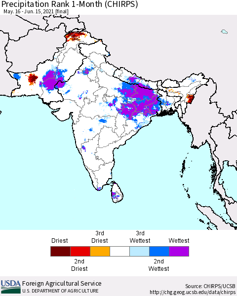 Southern Asia Precipitation Rank 1-Month (CHIRPS) Thematic Map For 5/16/2021 - 6/15/2021