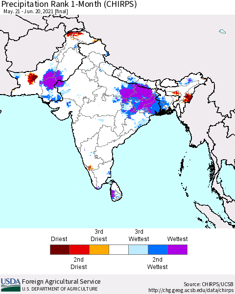 Southern Asia Precipitation Rank since 1981, 1-Month (CHIRPS) Thematic Map For 5/21/2021 - 6/20/2021