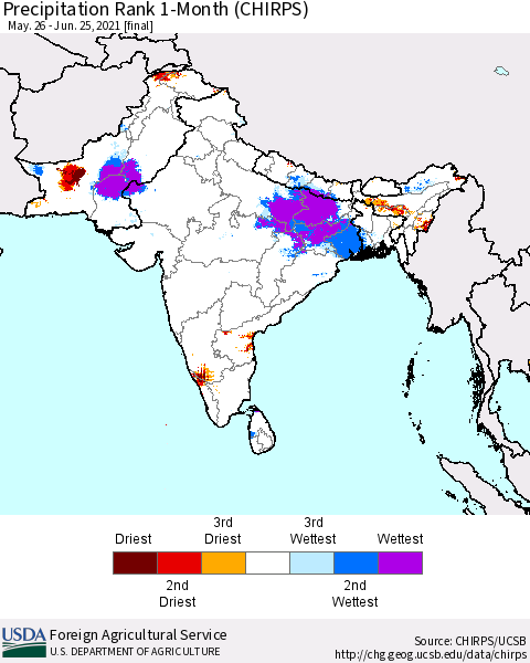 Southern Asia Precipitation Rank 1-Month (CHIRPS) Thematic Map For 5/26/2021 - 6/25/2021