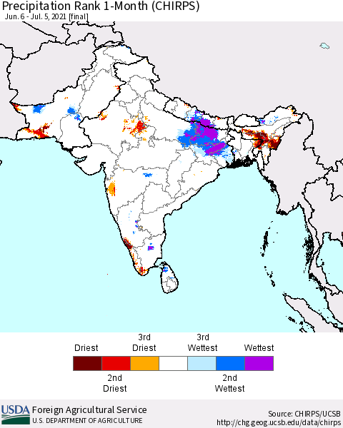 Southern Asia Precipitation Rank 1-Month (CHIRPS) Thematic Map For 6/6/2021 - 7/5/2021