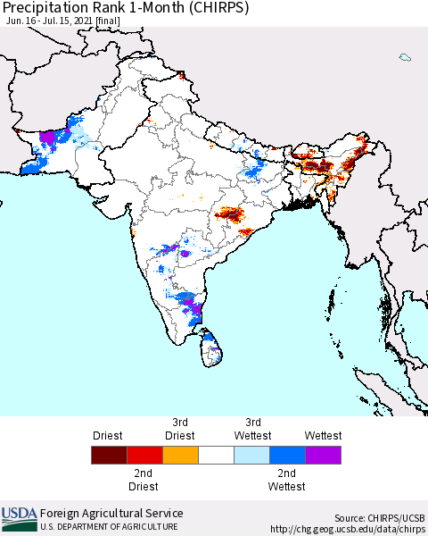 Southern Asia Precipitation Rank 1-Month (CHIRPS) Thematic Map For 6/16/2021 - 7/15/2021